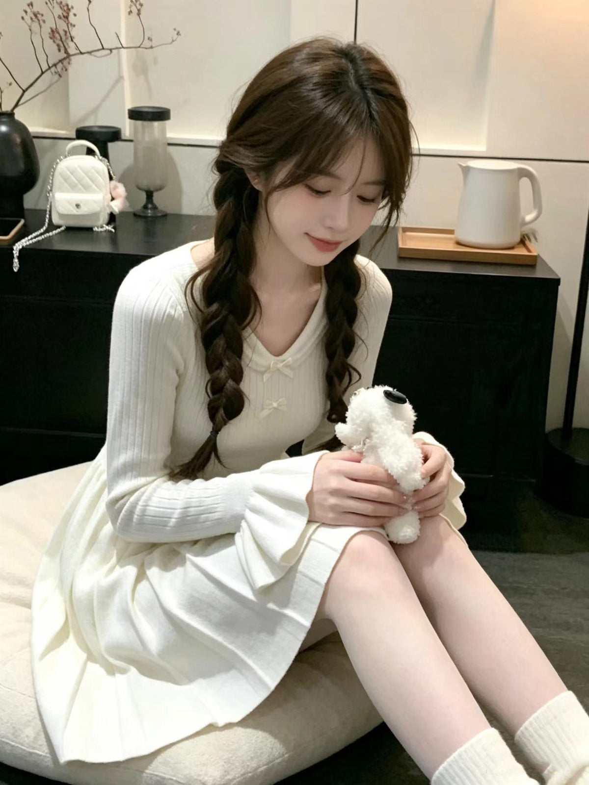 💕秋冬小個子甜美奶白V領針織連衣裙