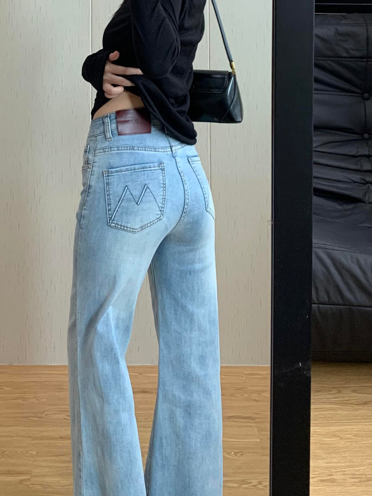 💕小個子淺藍色高腰微喇叭拖地牛仔長褲