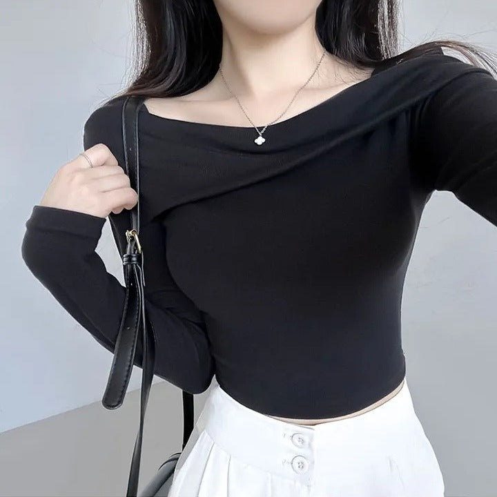 💕chic秋季長袖打底小心機露鎖骨上衣