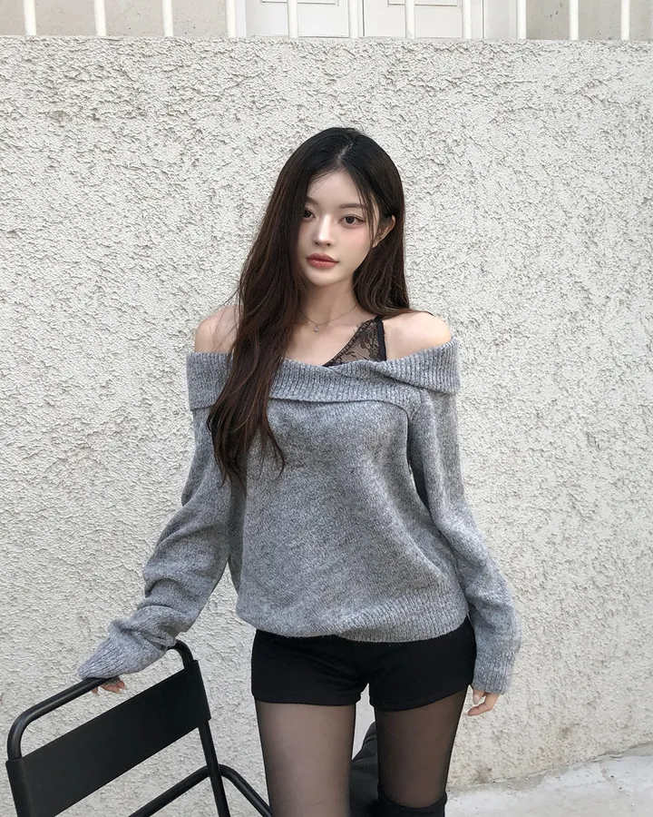 💕chic秋季假兩件蕾絲花邊打底一字肩針織上衣