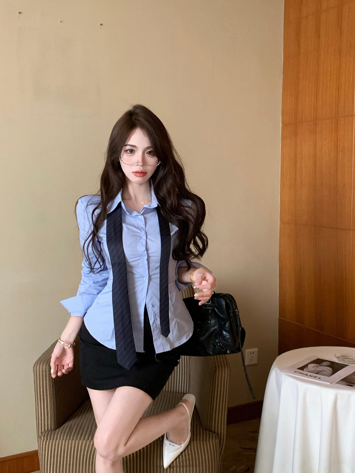 💕韓版秘書款收腰帶領襯衫兩件套