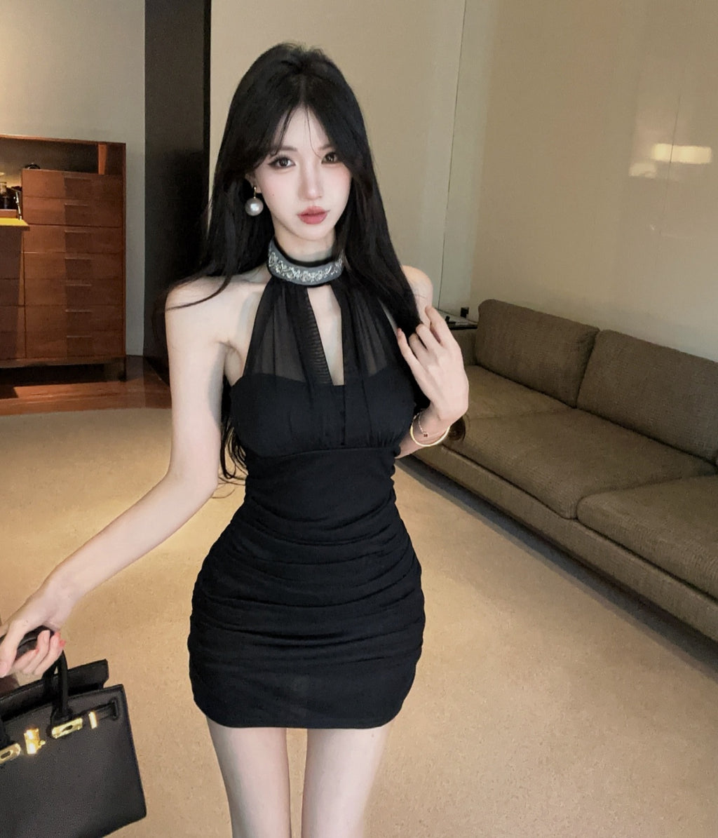 💕純御皺褶釘珠掛脖無袖包臀連身裙