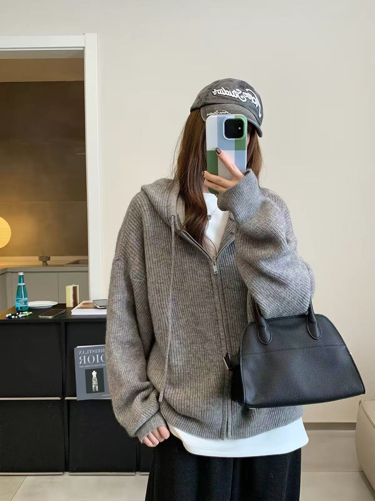 💕韓系慵懶連帽內搭針織拉鍊外套