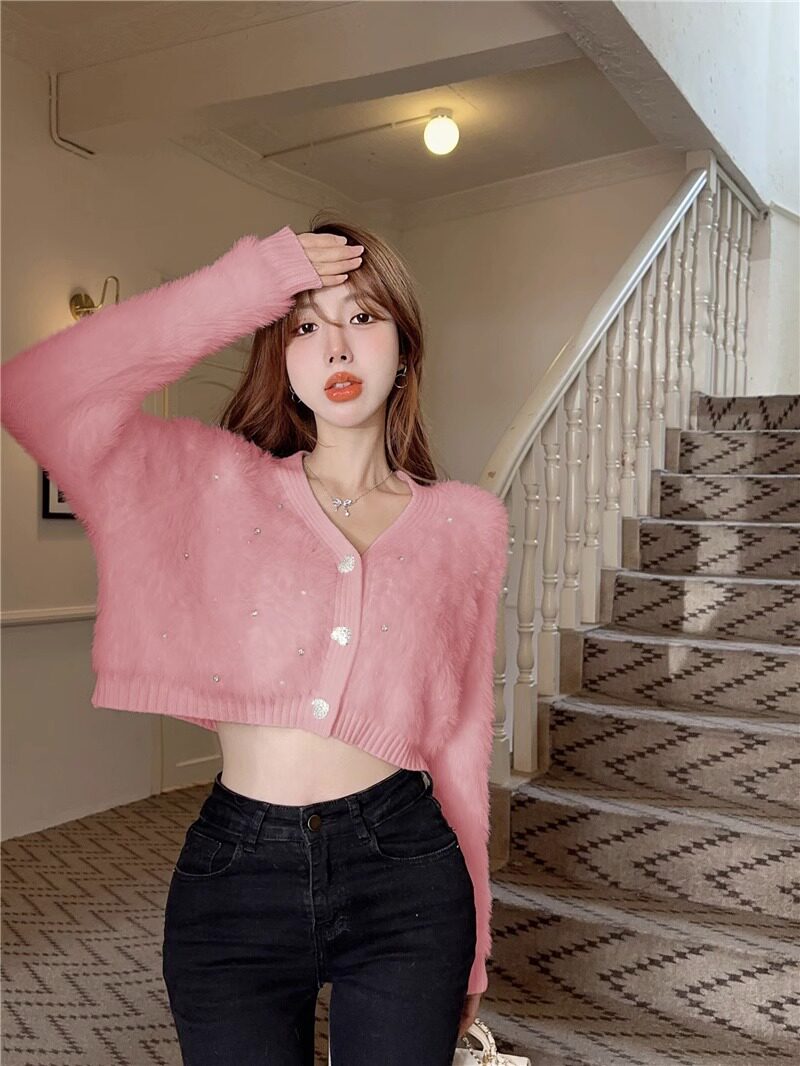 💕韓版釘珠愛心扣仿水貂絨毛衣針織衫