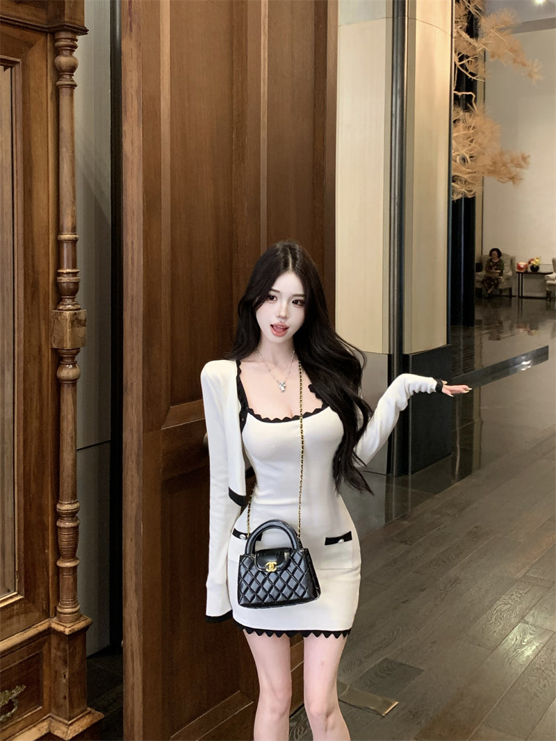 💕波浪邊撞色純欲氣質吊帶裙針織開衫套裝