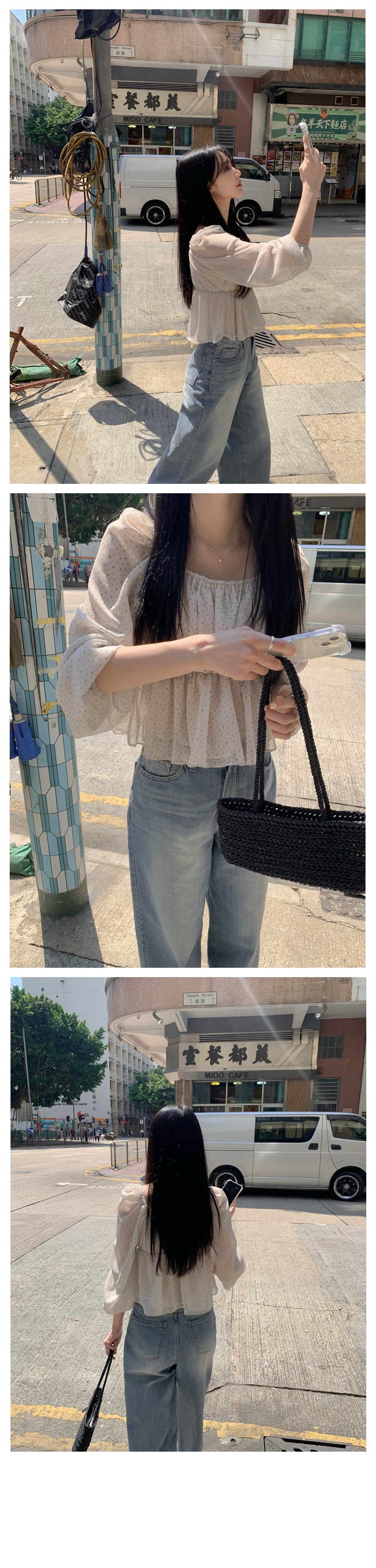 💕ins系法式方領碎花收腰泡泡袖雪紡上衣