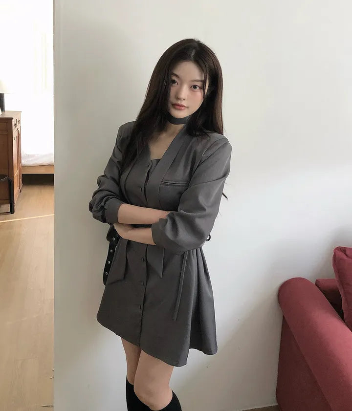 💕ins系V領圍脖系帶收腰單排扣西裝連衣裙