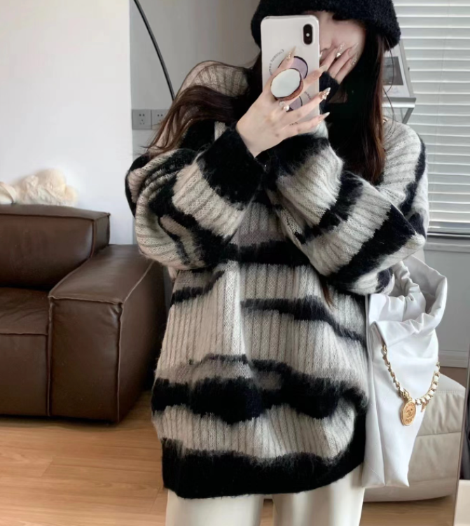 💕韓系ins秋冬撞色條紋慵懶中長毛衣針織衫