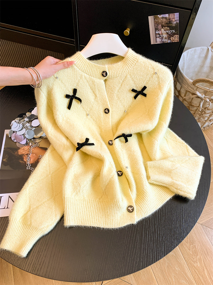 💕韓系軟糯立體蝴蝶結釘珠針織開衫毛衣