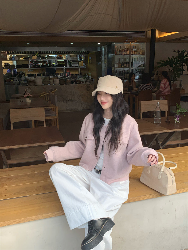 💕韓系通勤粉色棒球短款毛呢外套