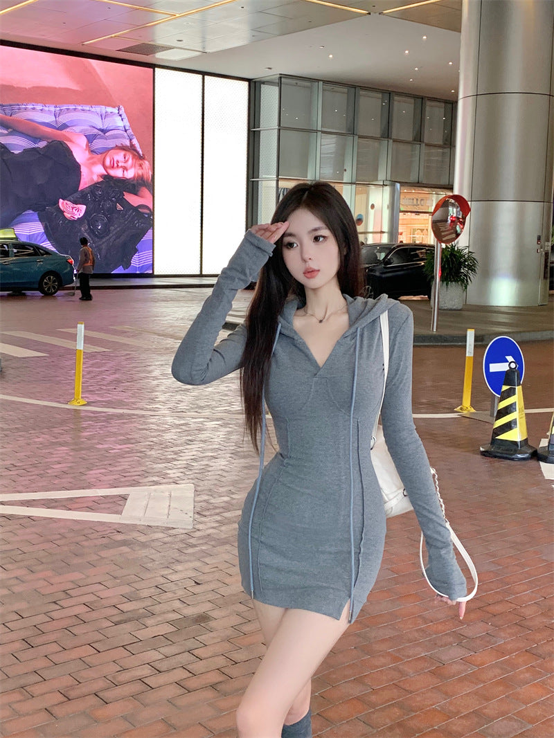 💕秋款連帽長袖收腰緊身包臀裙