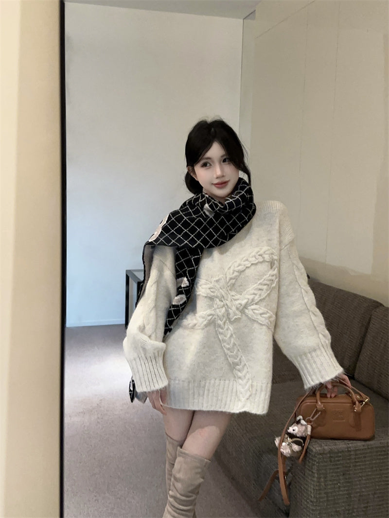 💕復古慵懶高級感軟糯蝴蝶結圓領上衣