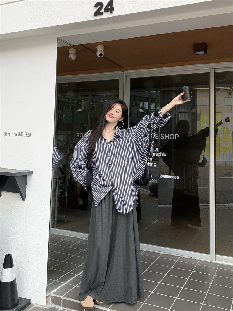 💕休閒條紋口袋襯衫撞色上衣套裝