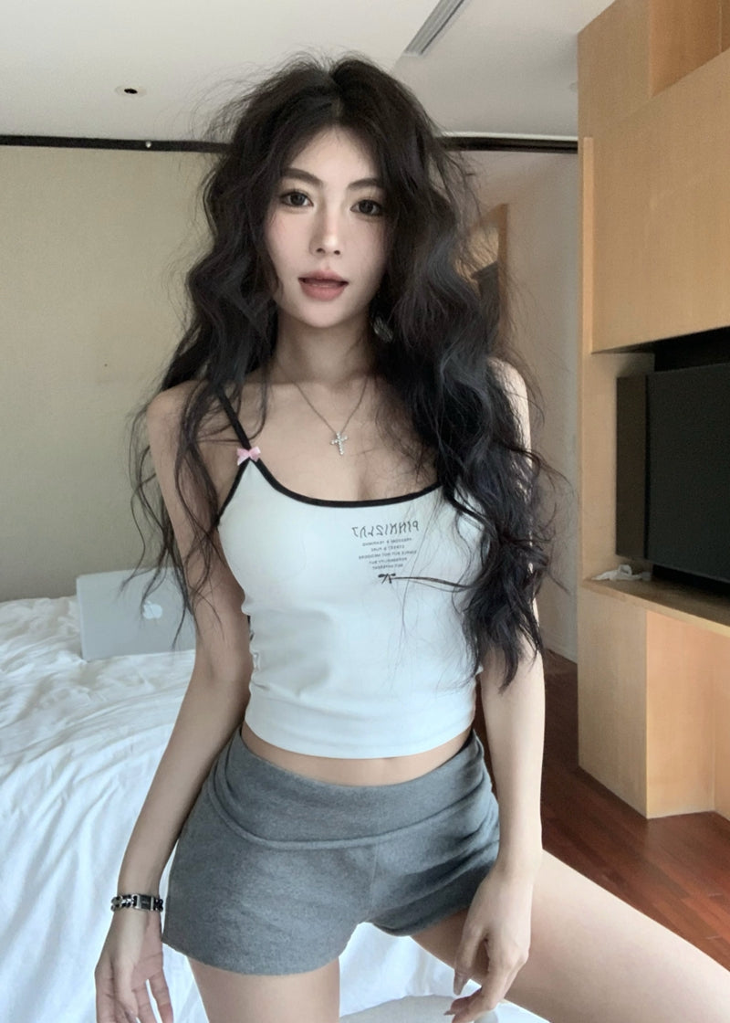 💕辣妹修身顯瘦蝴蝶結字母印花短款吊帶背心上衣