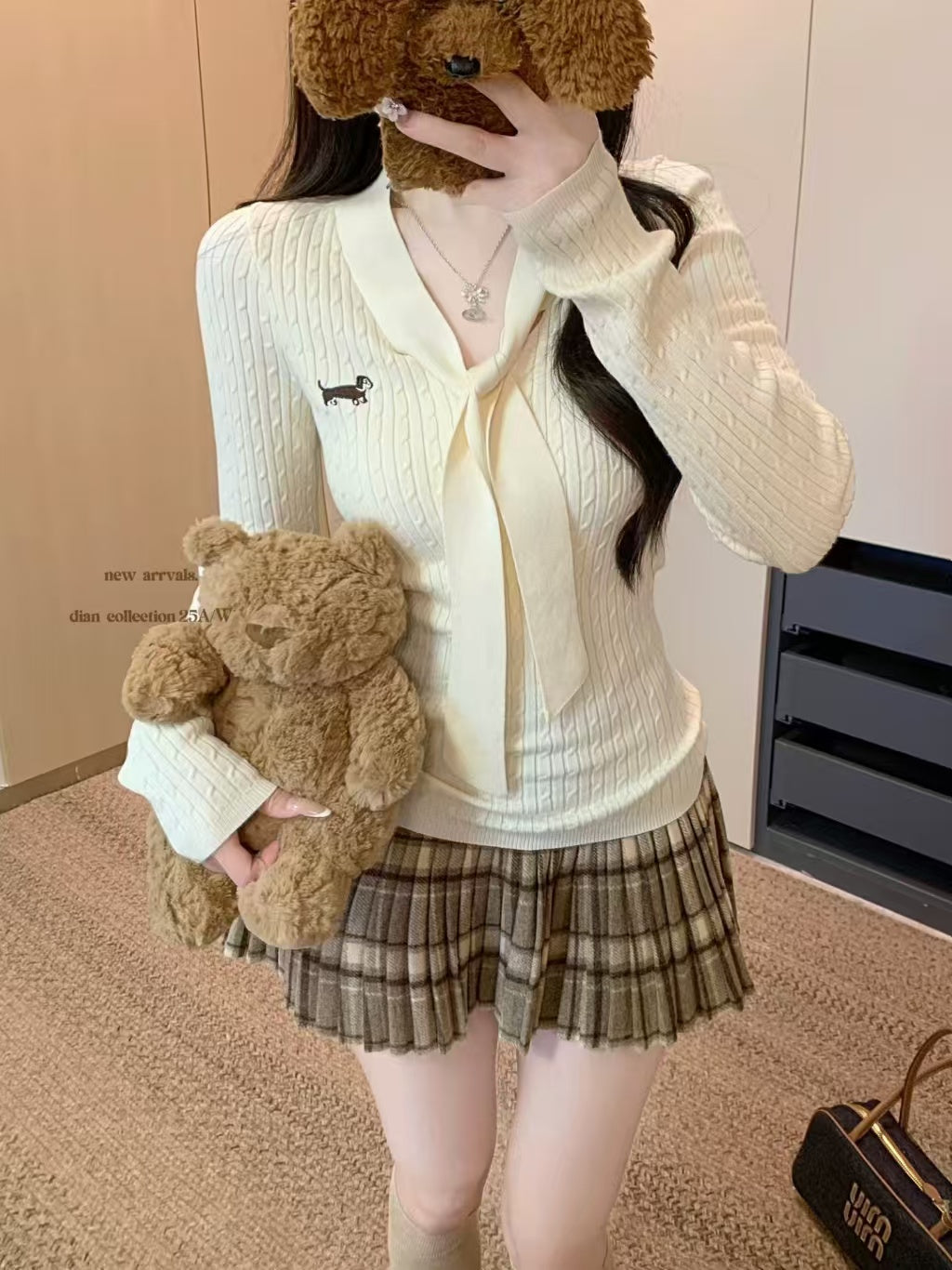 💕韓系氣質修身V領系帶麻花臘腸狗針織衫毛衣