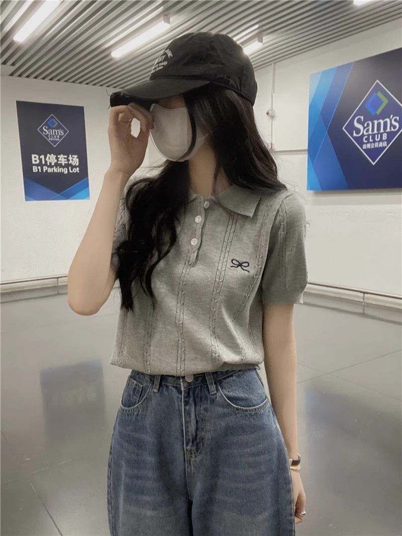 💕百搭甜美POLO領蝴蝶結刺繡針織衫