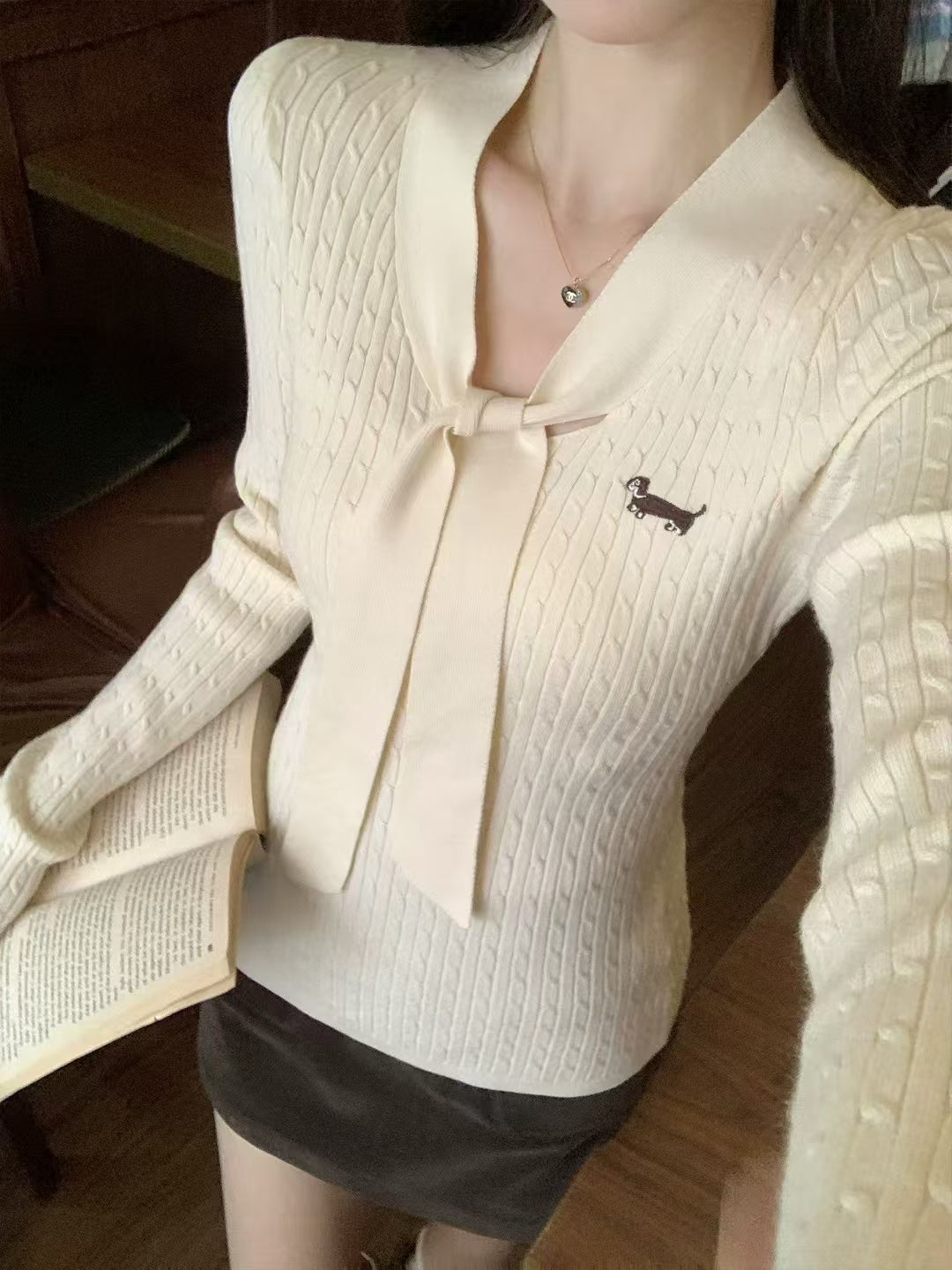 💕韓系氣質修身V領系帶麻花臘腸狗針織衫毛衣