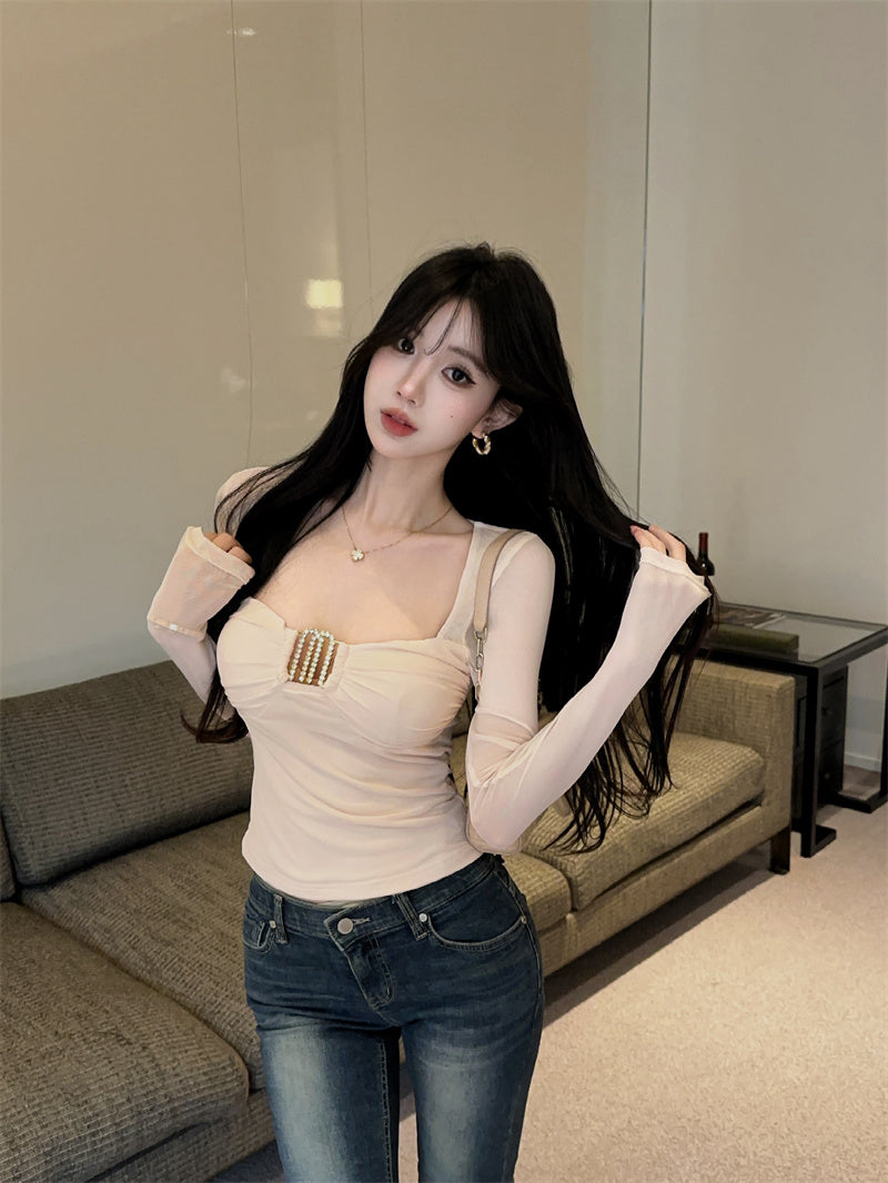 💕秋季性感純欲紗網金扣顯瘦上衣