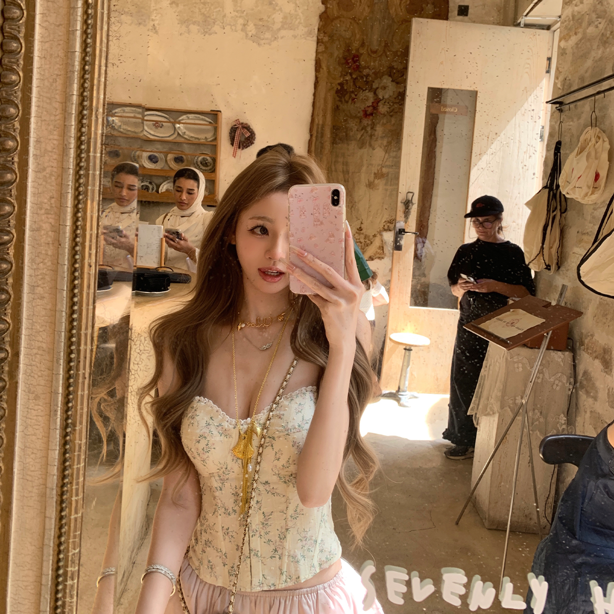 💕清新碎花蕾絲抹胸緞面半裙套裝