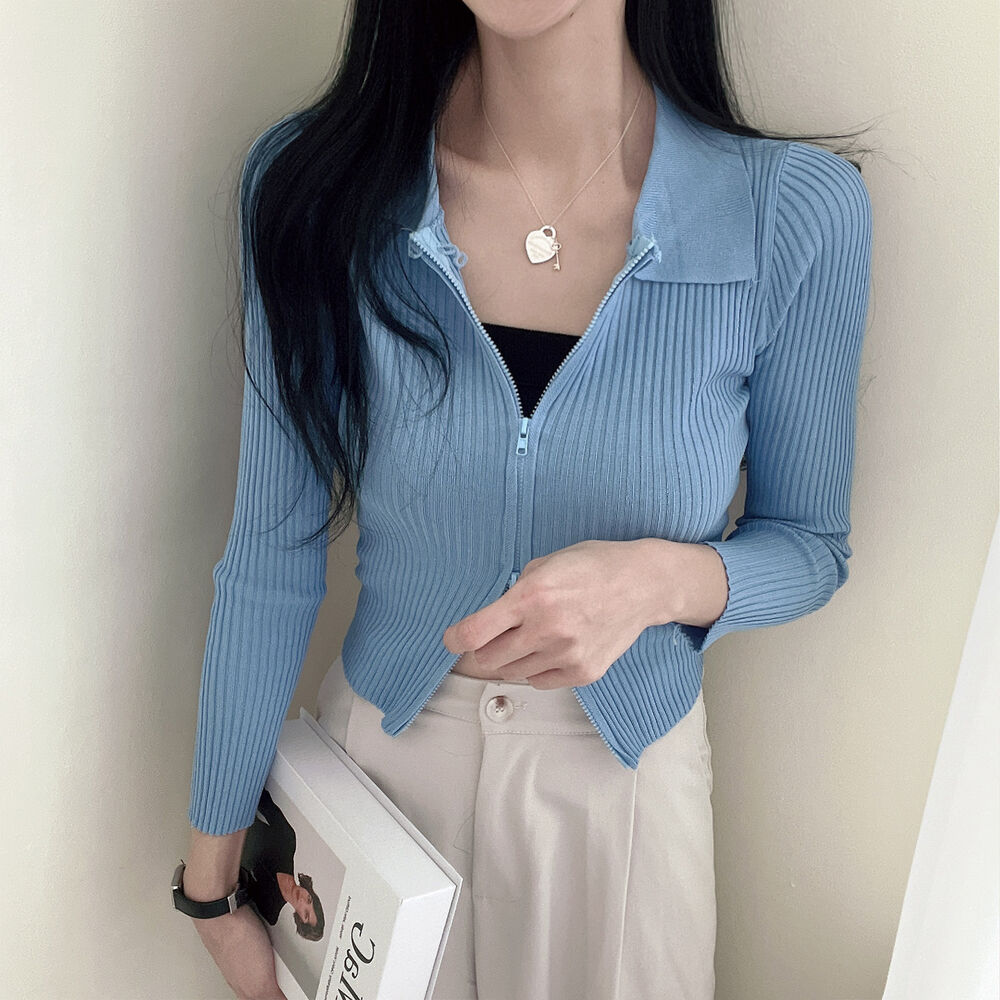 💕日系polo翻領雙拉鍊顯瘦長袖針織衫