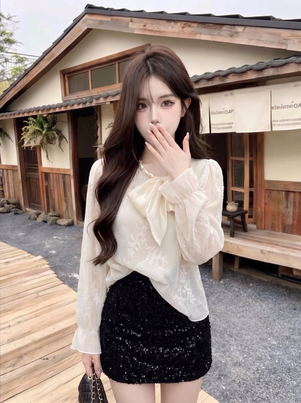 💕法式溫柔蝴蝶結長袖襯衫杏色上衣
