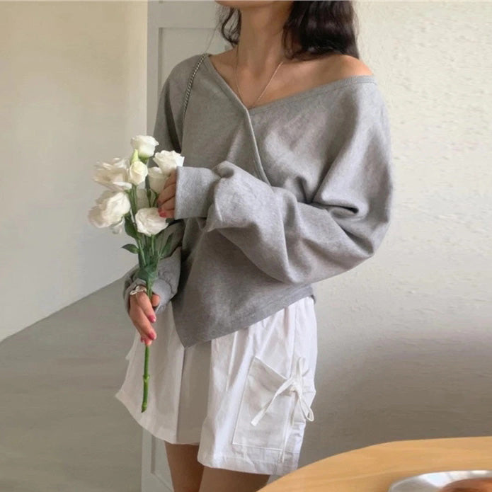 💕韓系露肩不規則休閒純色衛衣