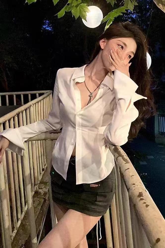 💕高級感西裝領長袖不規則褶皺襯衫
