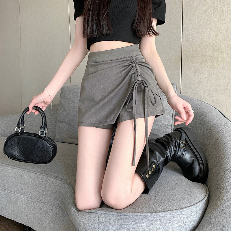 💕春夏西裝面料垂感抽繩高腰短裙
