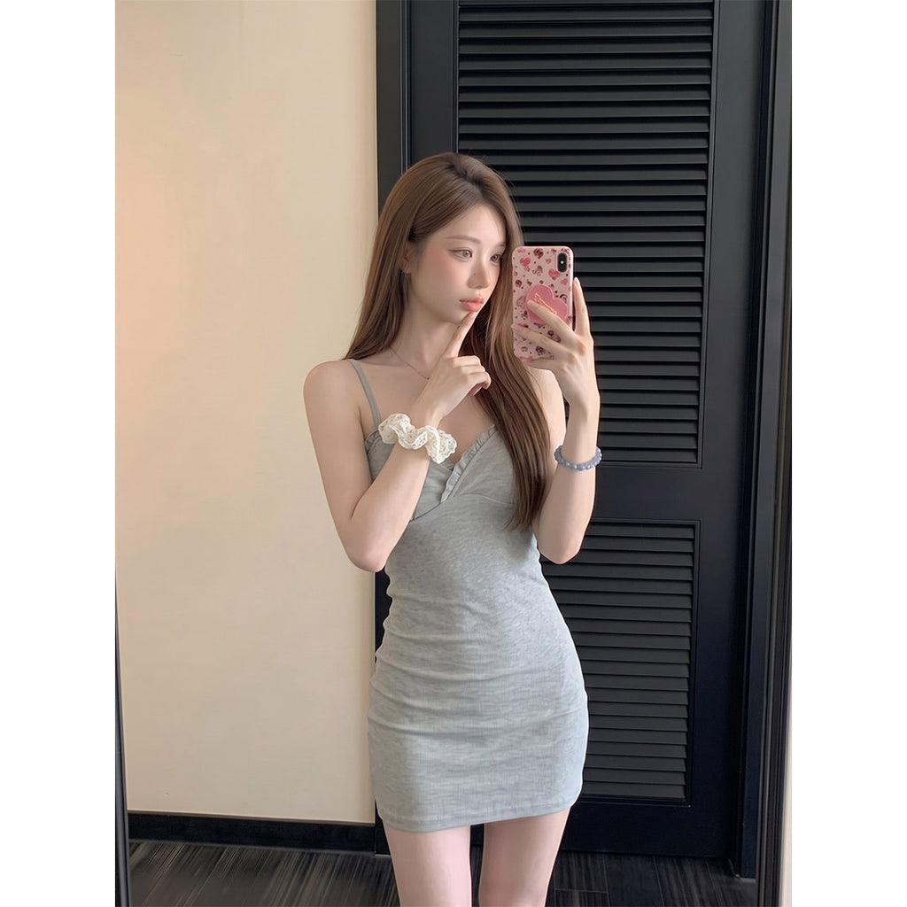 💕純御風灰色木耳邊吊帶連衣短裙