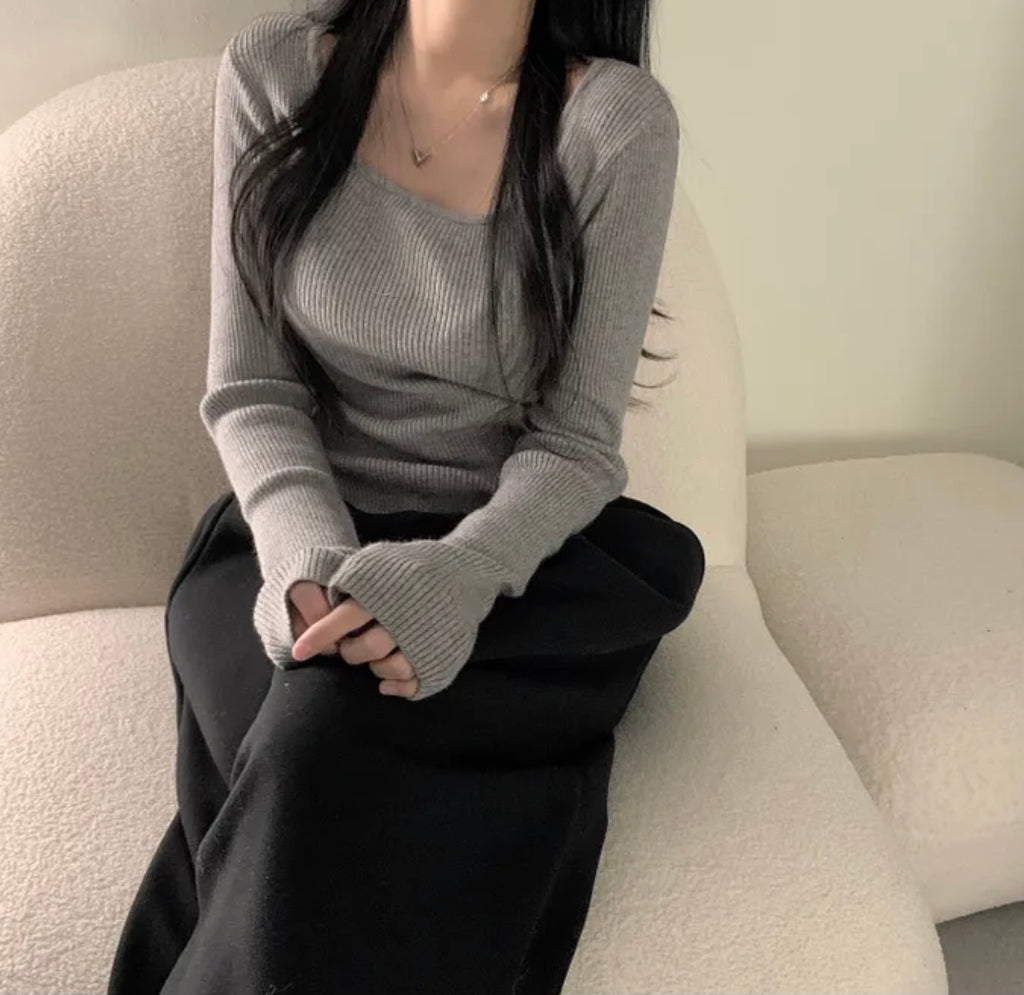 💕韓系chic長袖修身親膚針織打底百搭顯瘦上衣