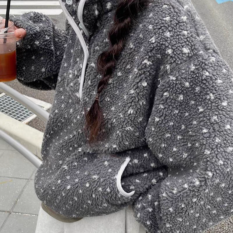💕ins風立領點點搖粒絨休閒寬鬆衛衣