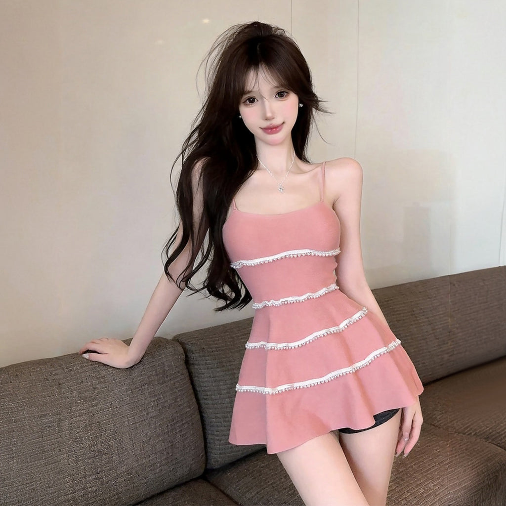 💕溫柔約會無袖吊帶珍珠邊背心上衣