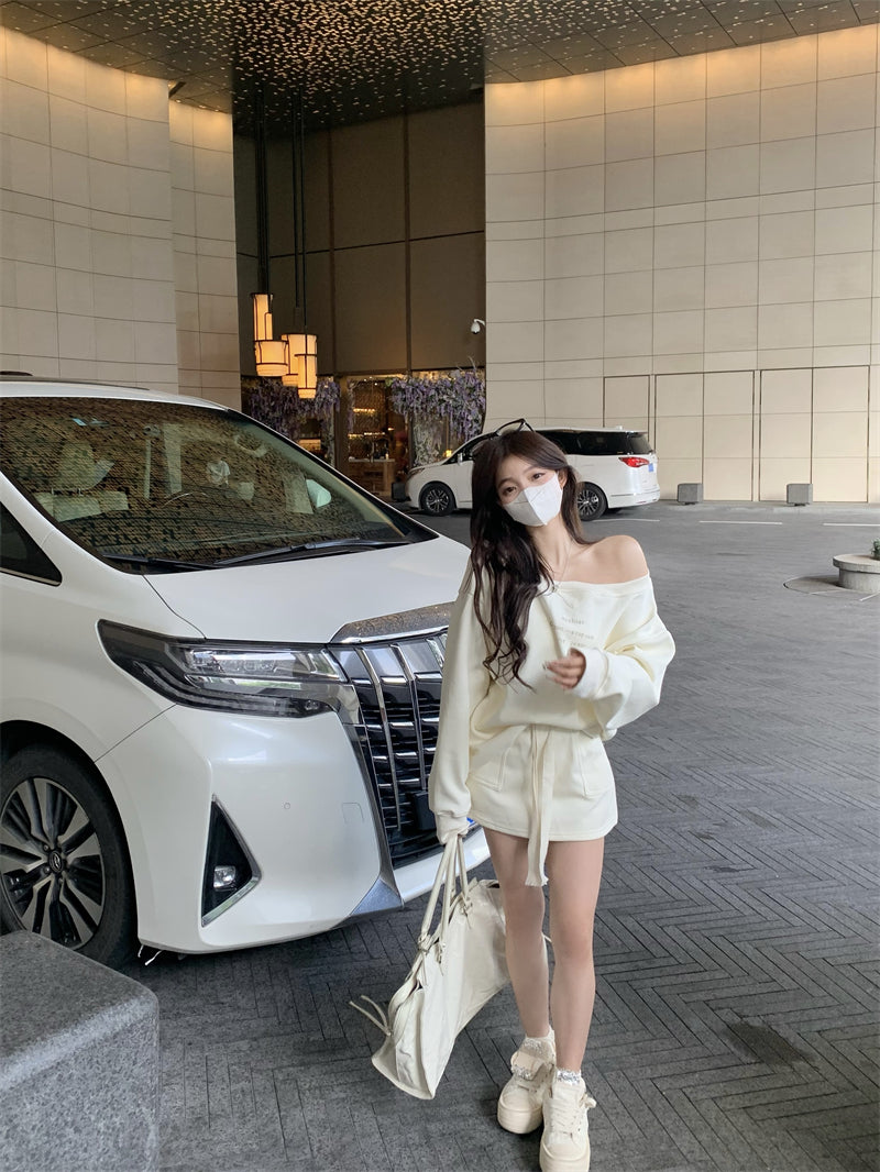 💕休閒簡約百搭一字肩印花長袖衛衣套裝