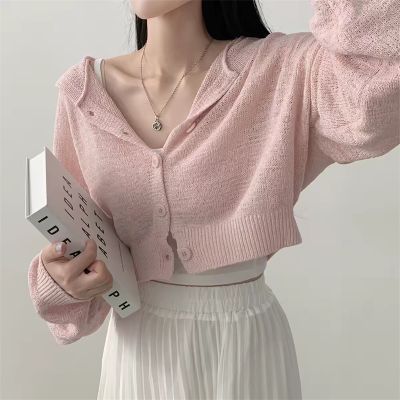 💕chic韓系春秋慵懶短版燈籠袖連帽開衫