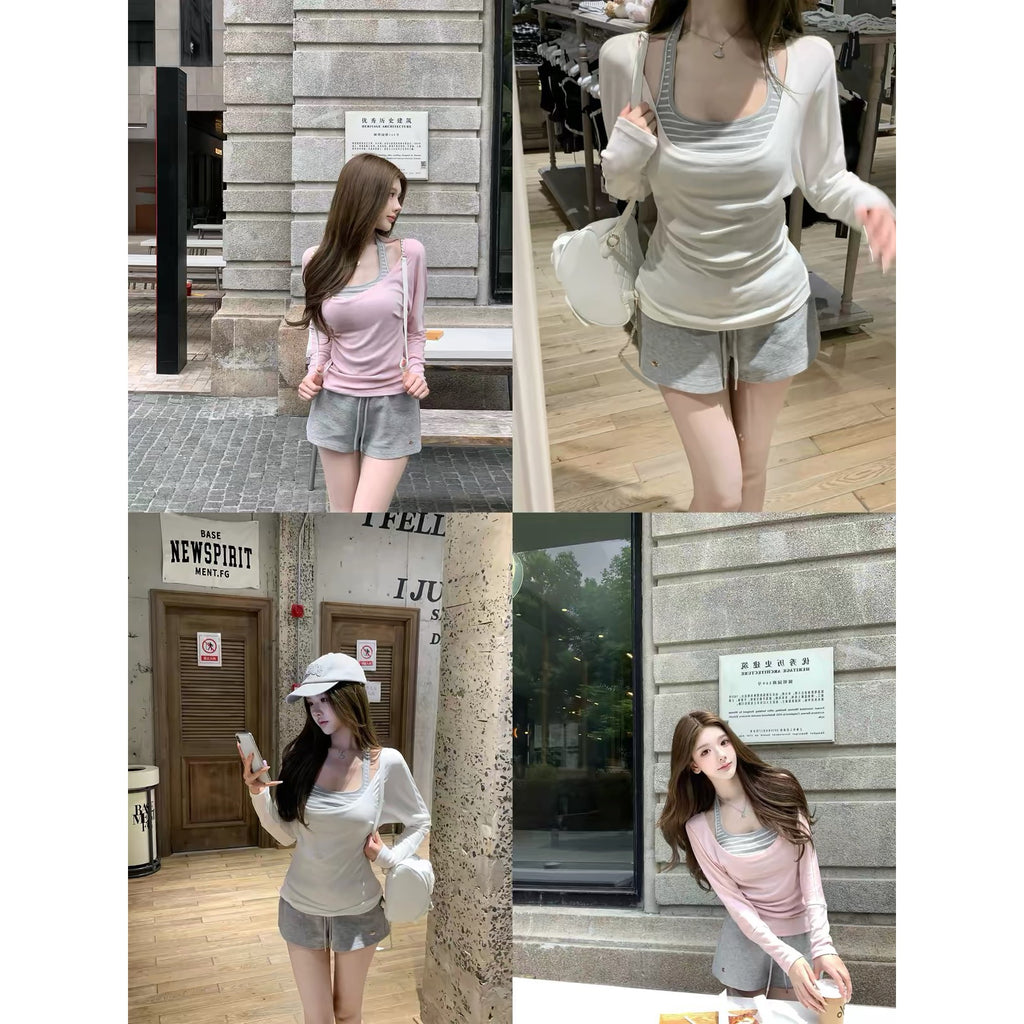 💕chic韓系懶人罩衫掛脖帶胸墊背心套裝組