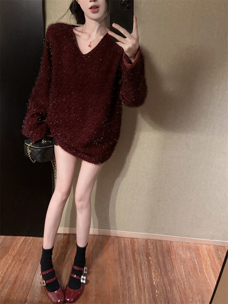 💕顯白氣質高級V領金絲碎亮長袖上衣