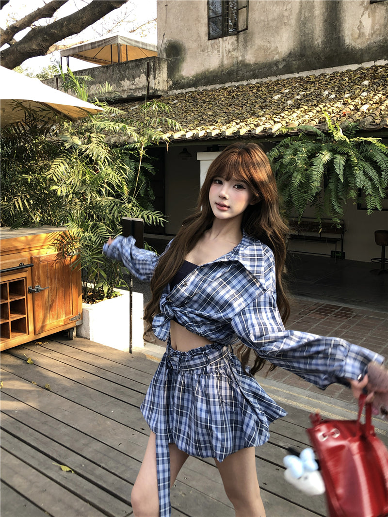 💕藍調風復古格紋襯衫短款褲裙兩件套