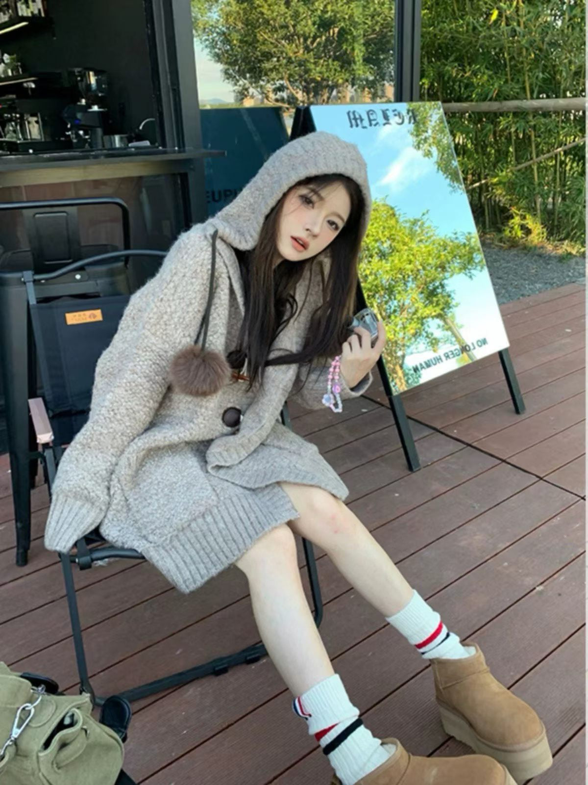 💕慵懶風灰色牛角扣連帽針織寬鬆顯瘦外套