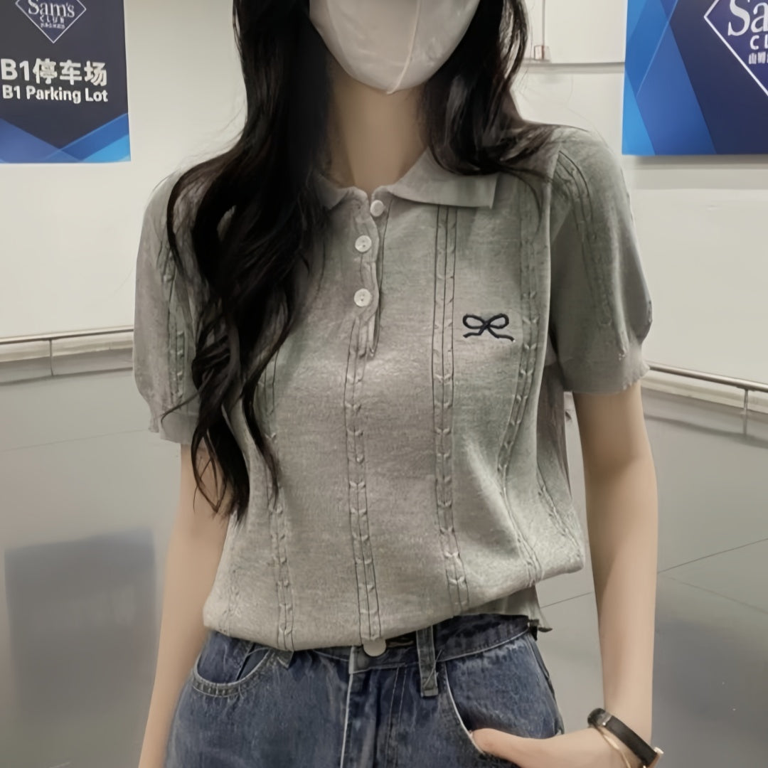 💕百搭甜美POLO領蝴蝶結刺繡針織衫