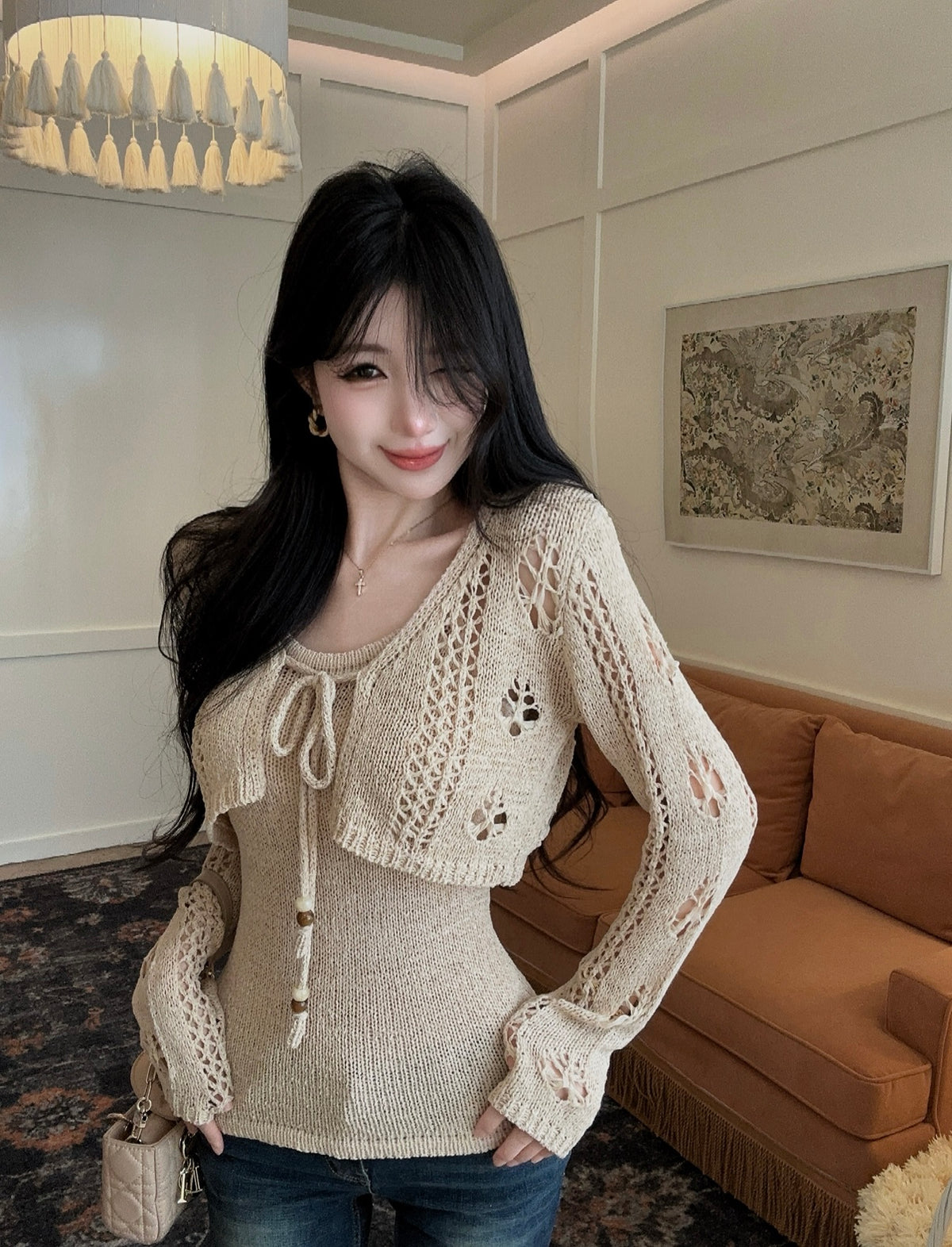 💕chic韓系疊穿針織鏤空綁帶短開衫修身顯瘦吊帶兩件套