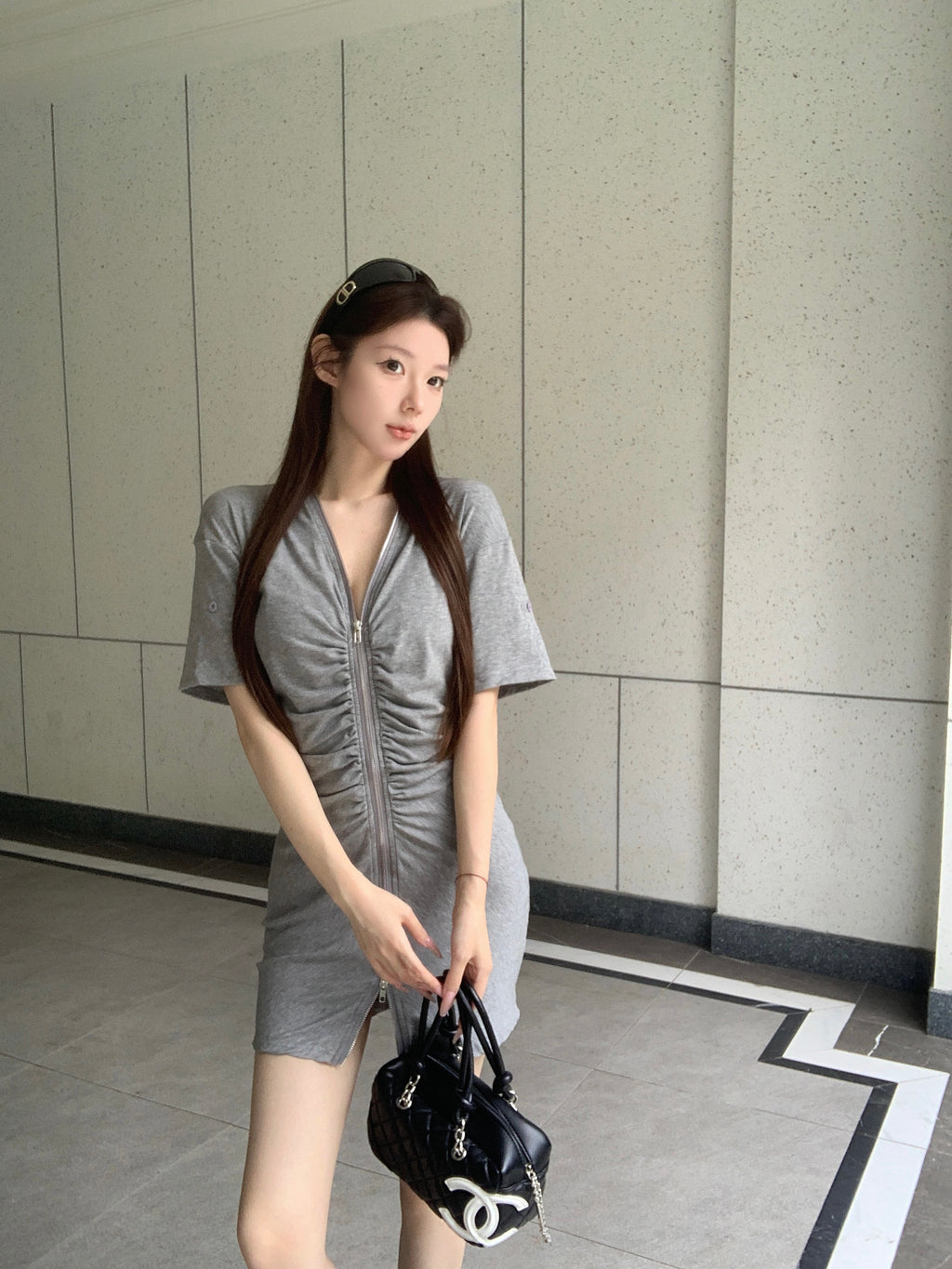 💕休閒簡約韓系黑色收腰V領拉鍊短裙