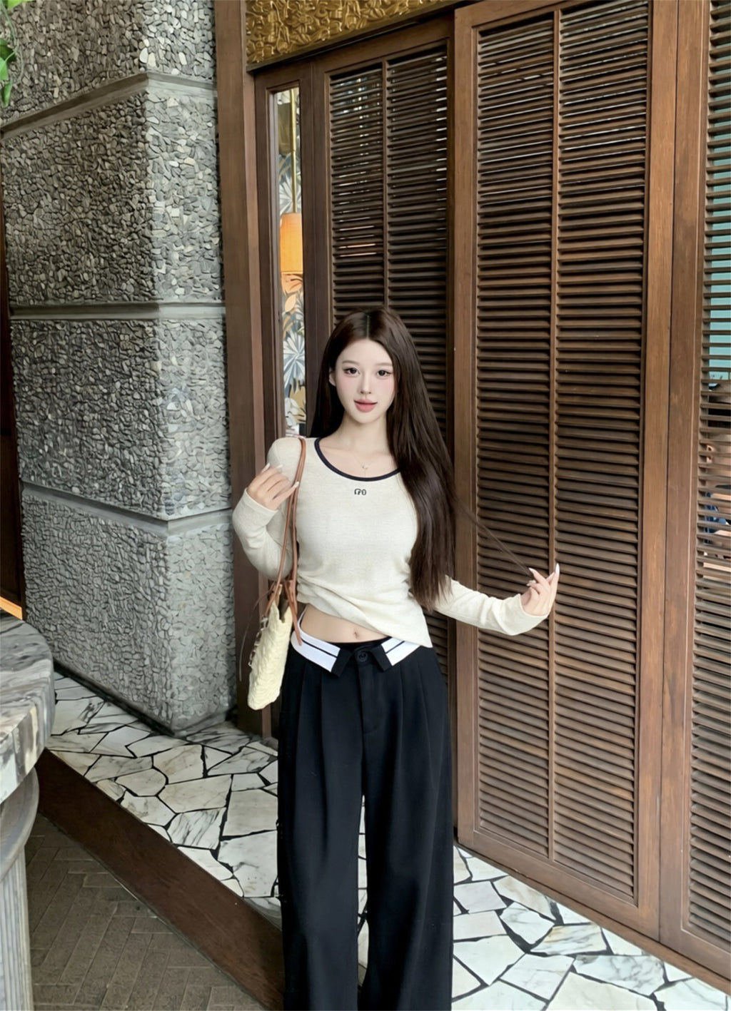 💕韓系簡約百搭圓領字母印花撞色長T