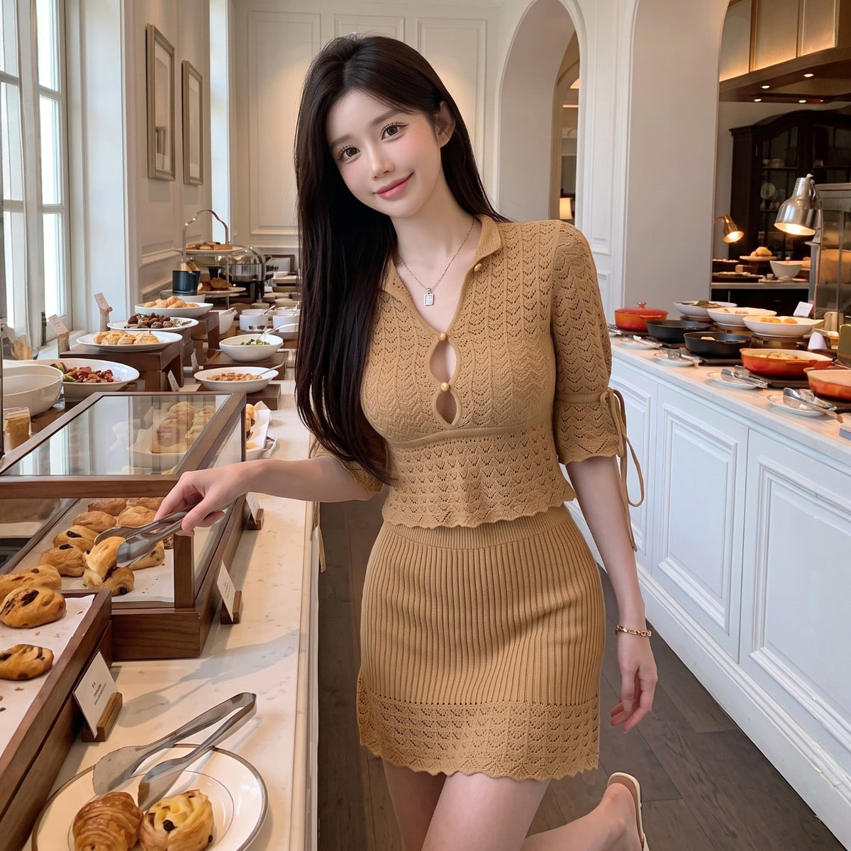 💕溫柔鏤空立領喇叭袖針織鉤花兩件套