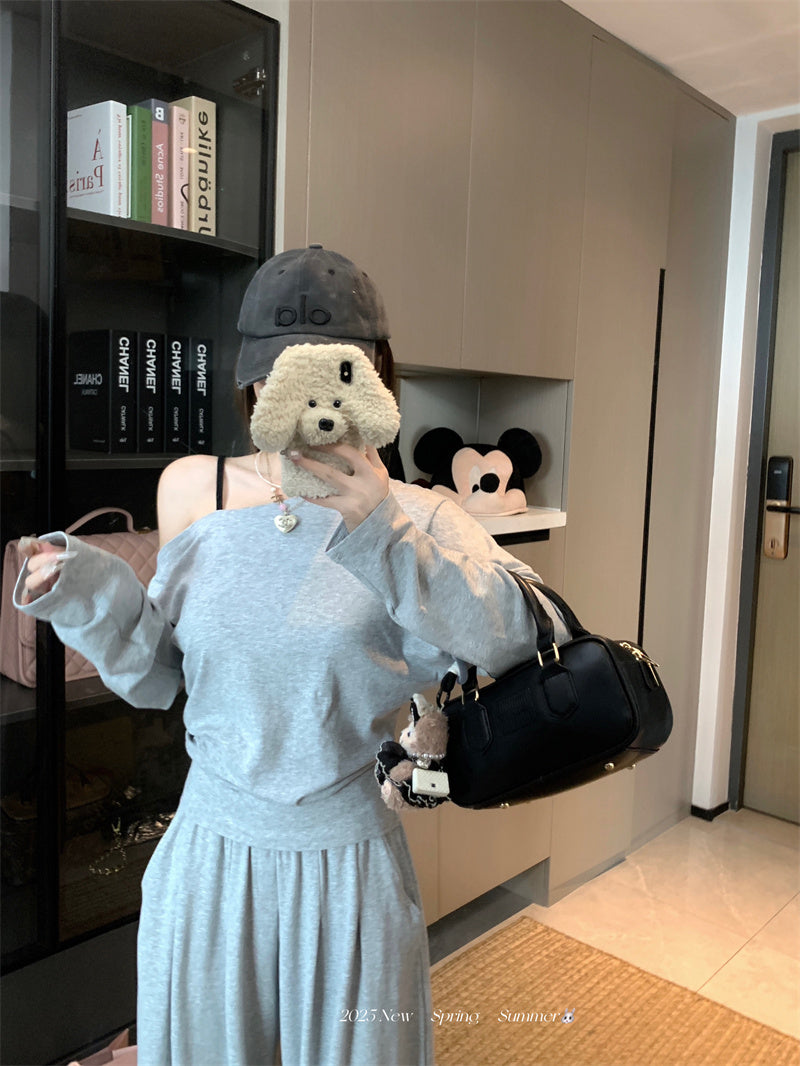 💕純御高彈斜肩長袖闊腿休閒褲套裝