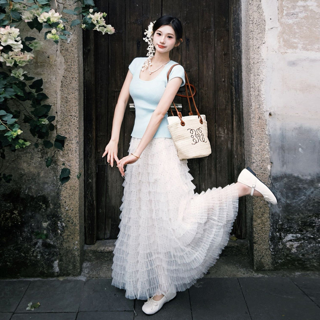 💕春季絕美點點絕美半身裙小個子套裝