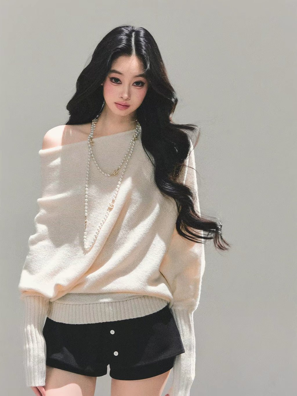 💕韓系溫柔軟糯甜美斜肩針織上衣