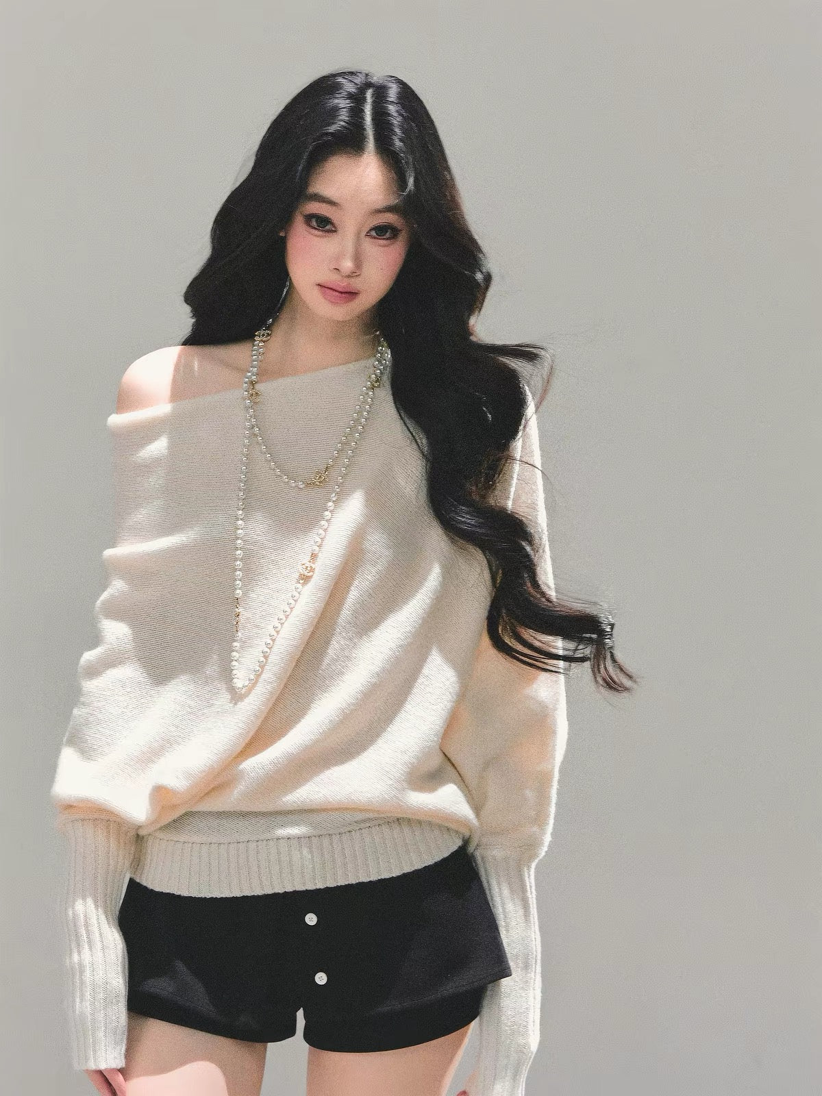 💕韓系溫柔軟糯甜美斜肩針織上衣