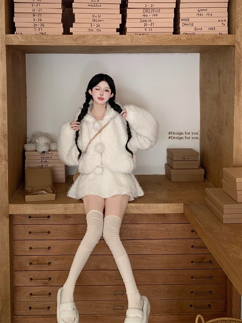 💕超可愛軟糯毛絨絨小熊保暖外套+半裙套裝
