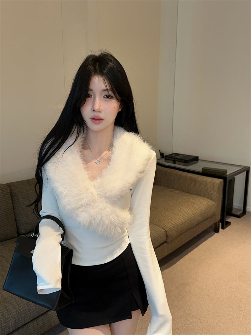 💕純欲辣妹毛領拼接V領長袖修身上衣