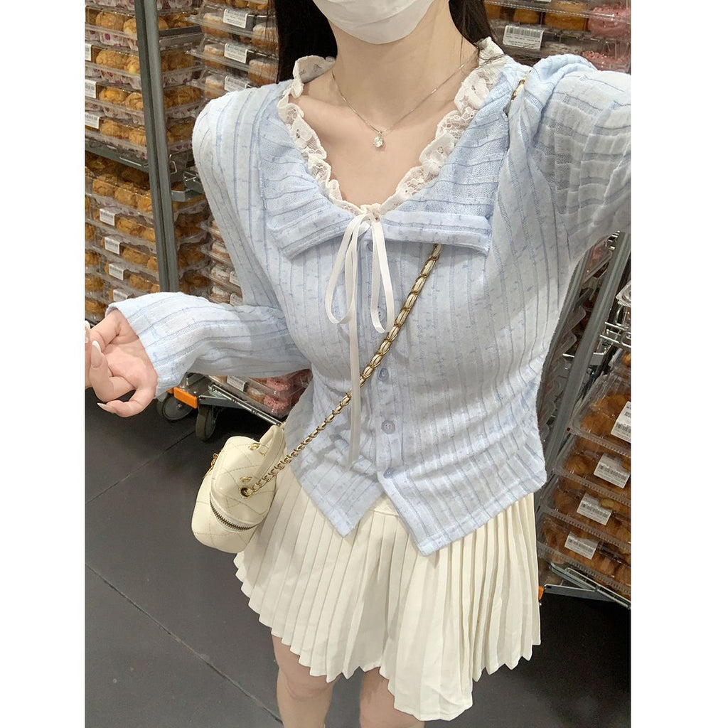 💕溫柔雪花條磨毛純欲藍色蕾絲假兩件上衣